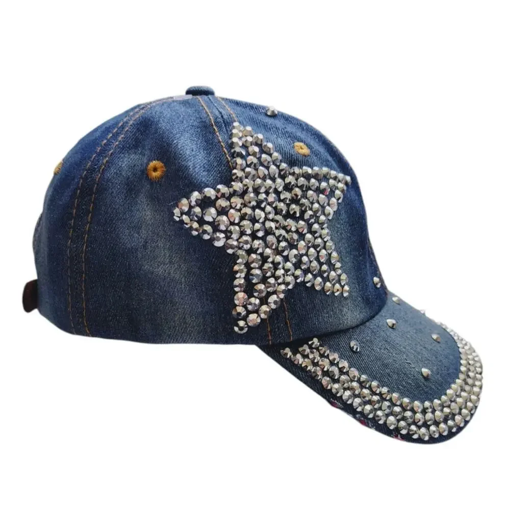 Rhinestone Star Denim Baseball Cap Bling Studded Y2K Adjustable Hat